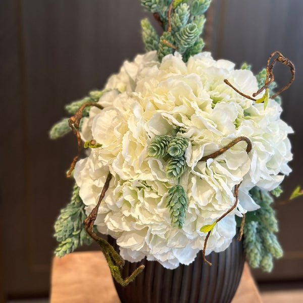 White Hydrangeas & Hops in Dark Vase