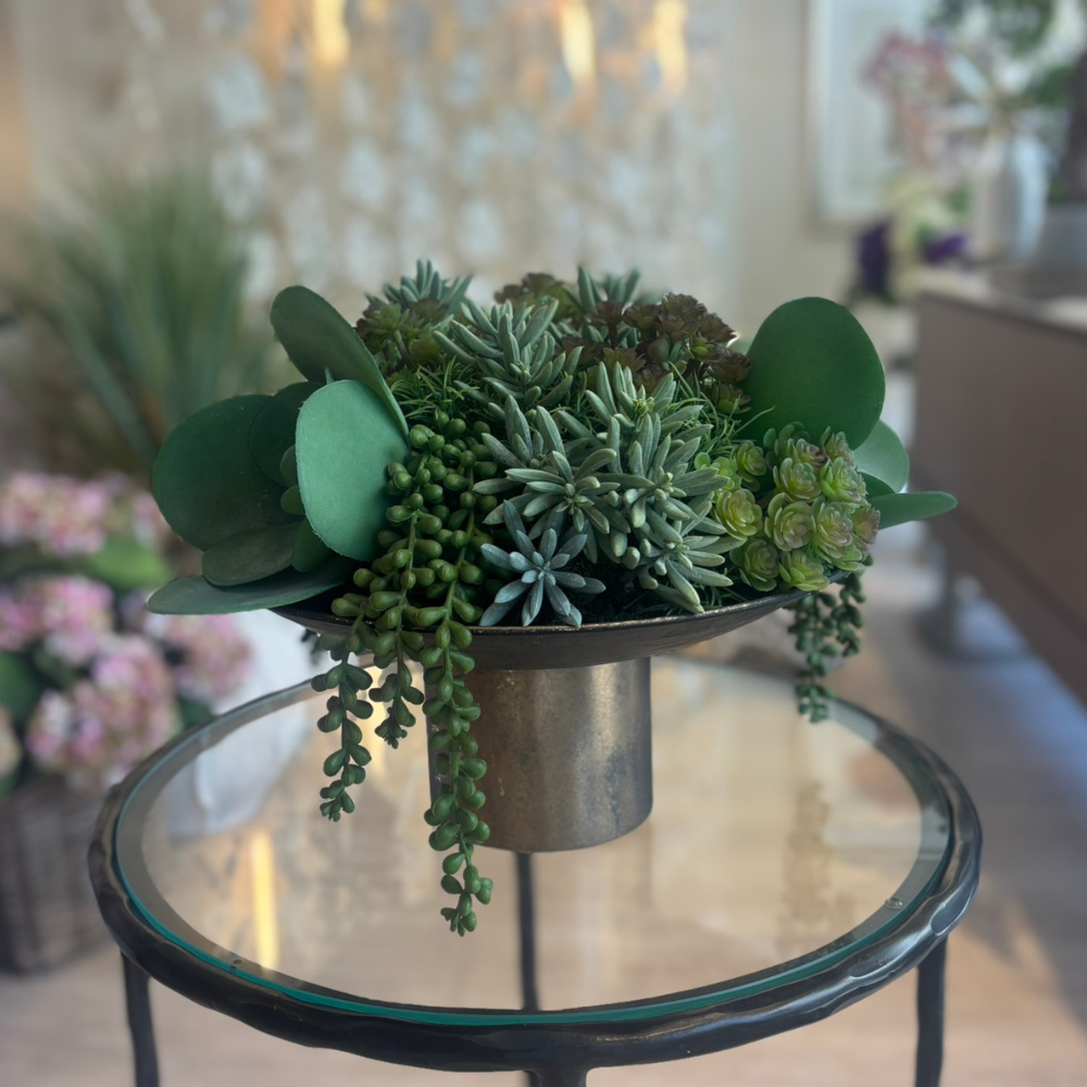 Mixed Succulent Garden in Elevated Gold Vessel