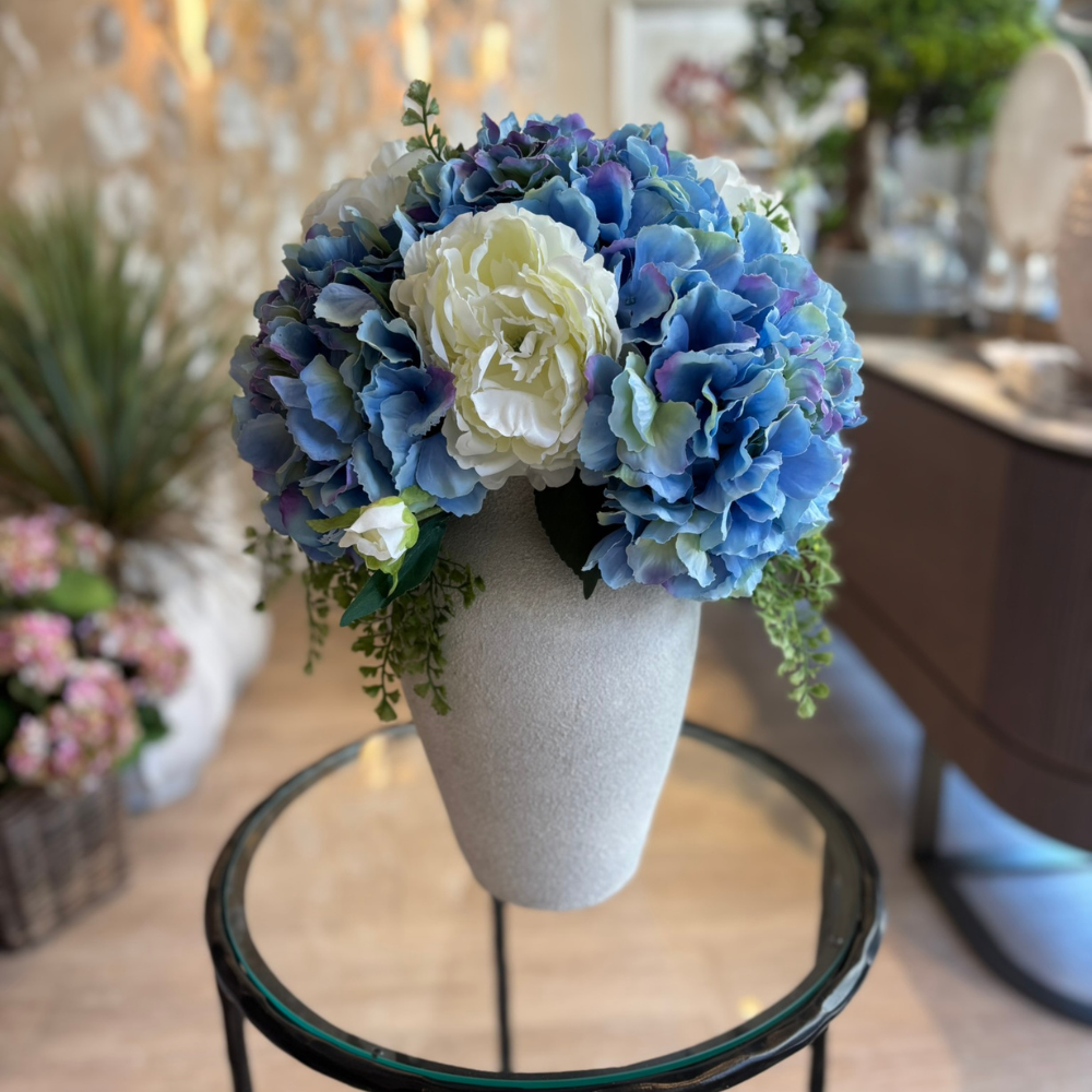 Blue Hydrangea and Peony in White Ceramic vase