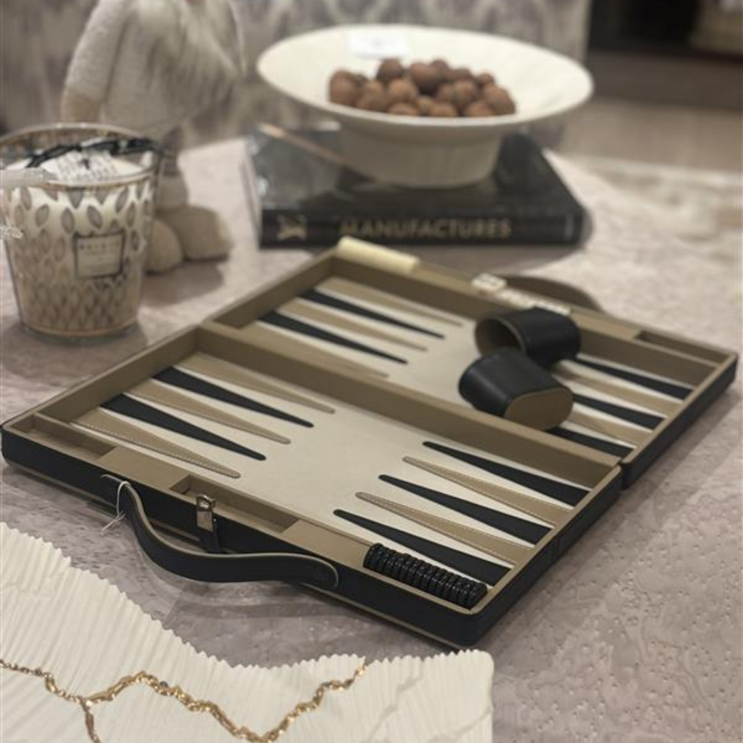Black & Beige Leather Backgammon Set