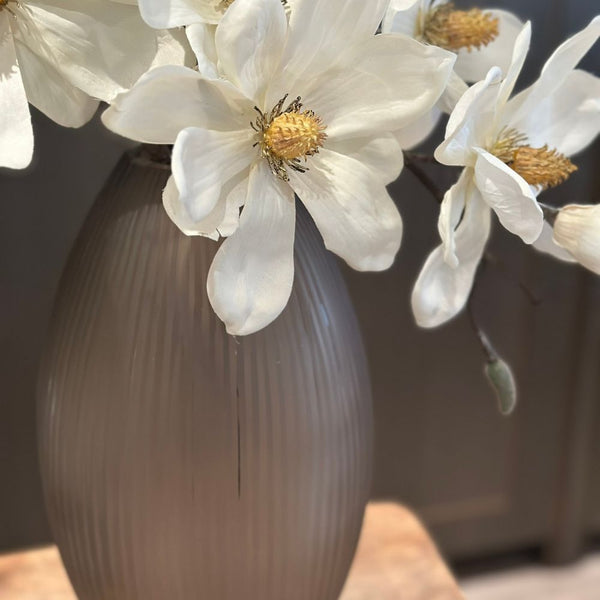 White Magnolias in Taupe Ribbed Vase