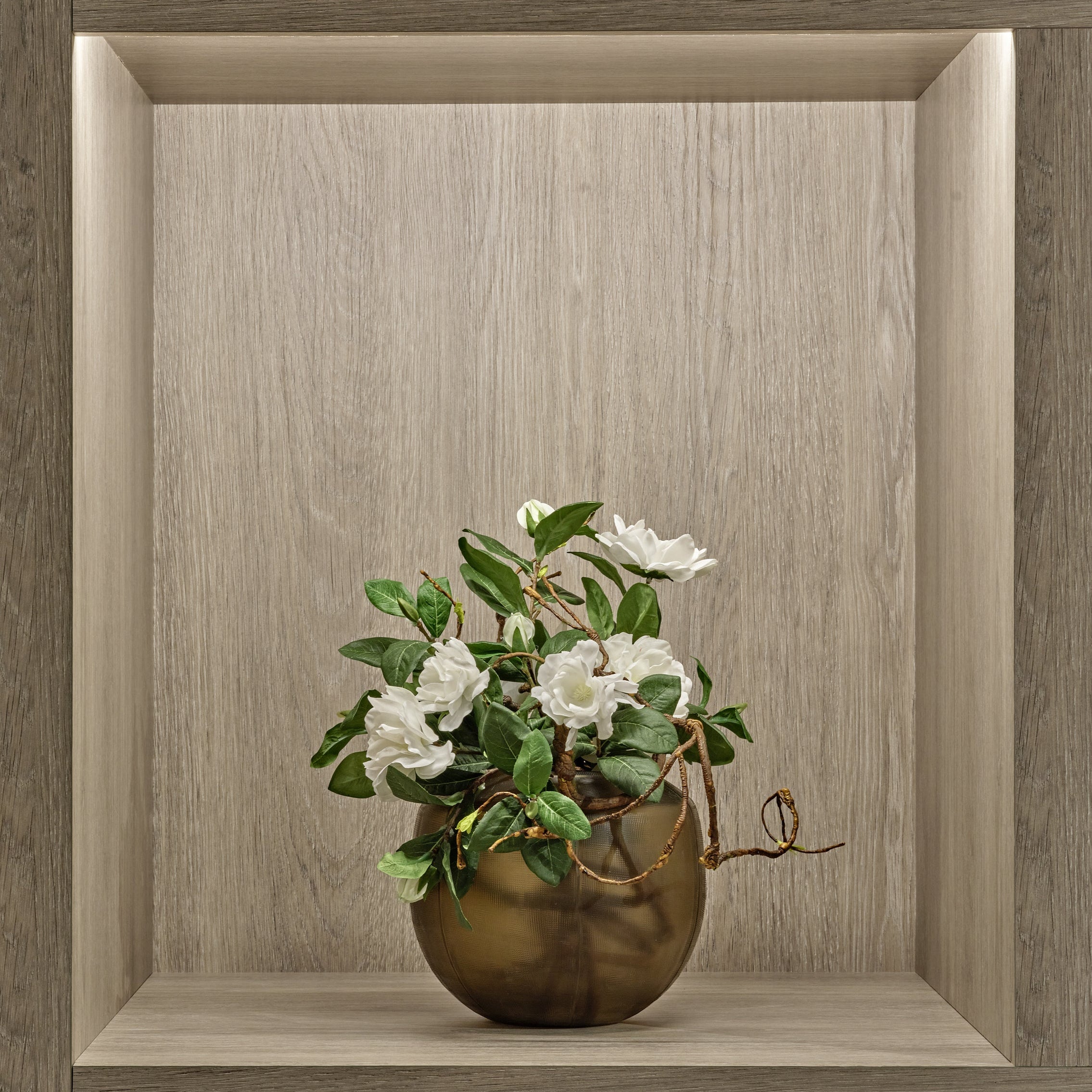 Camellia and Twig in Smoke Vase Bowl