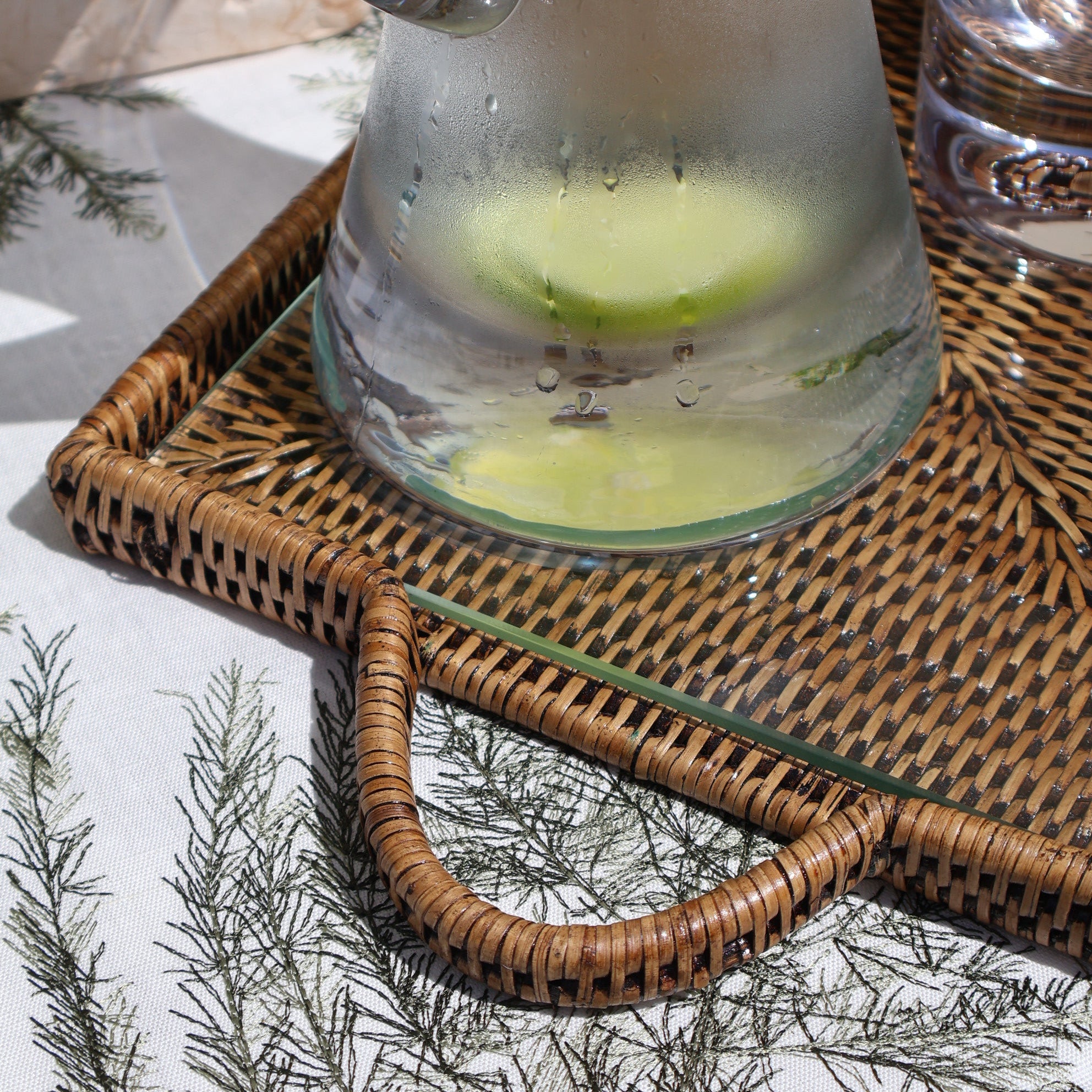 Rectangle Natural Rattan Tray with Glass