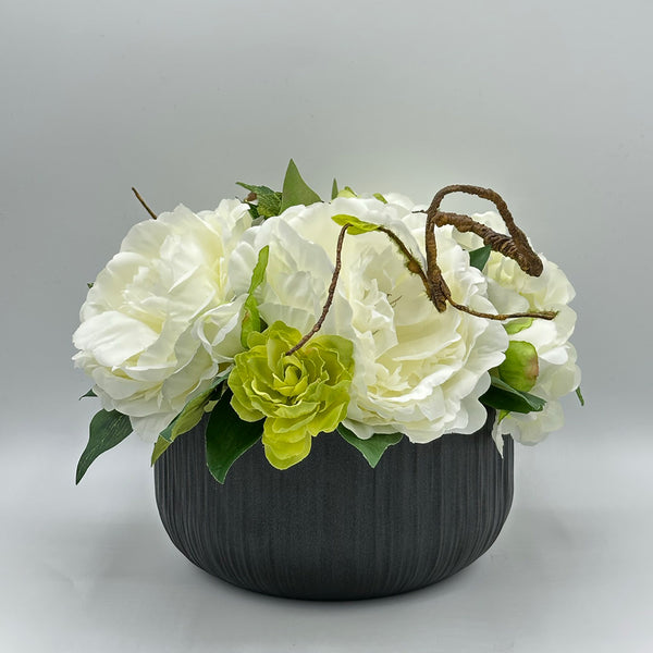 White Hydrangeas in Black Bowl