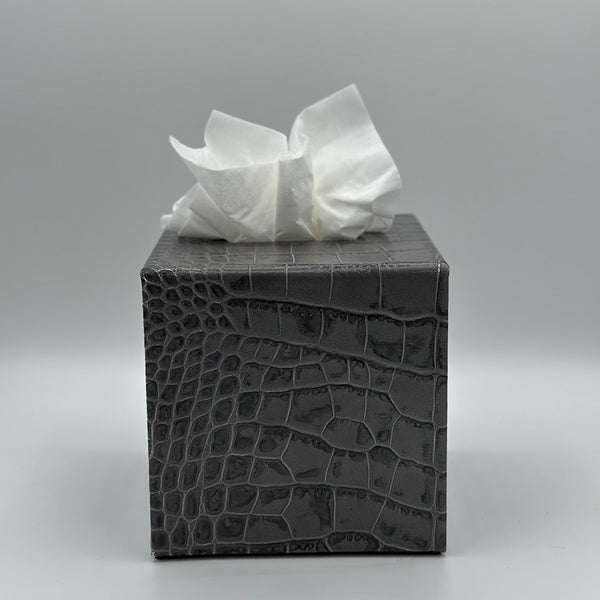 Grey Leather Square Tissue Box