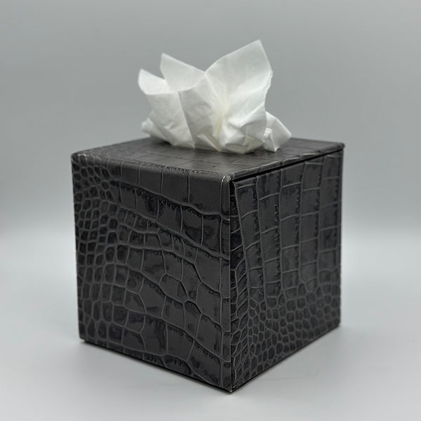 Grey Leather Square Tissue Box