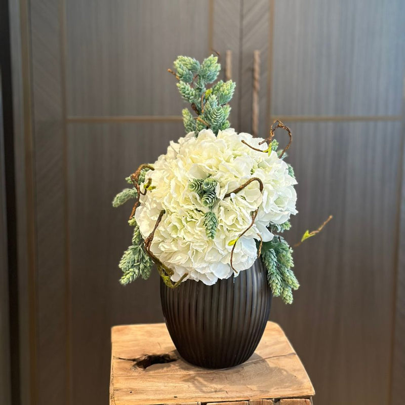 White Hydrangeas & Hops in Dark Vase