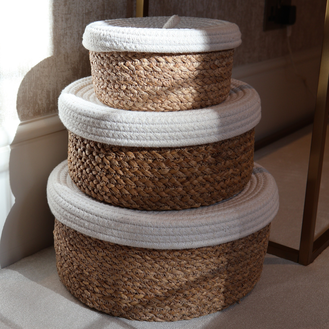 Natural Rattan and White Basket with Lid - Large