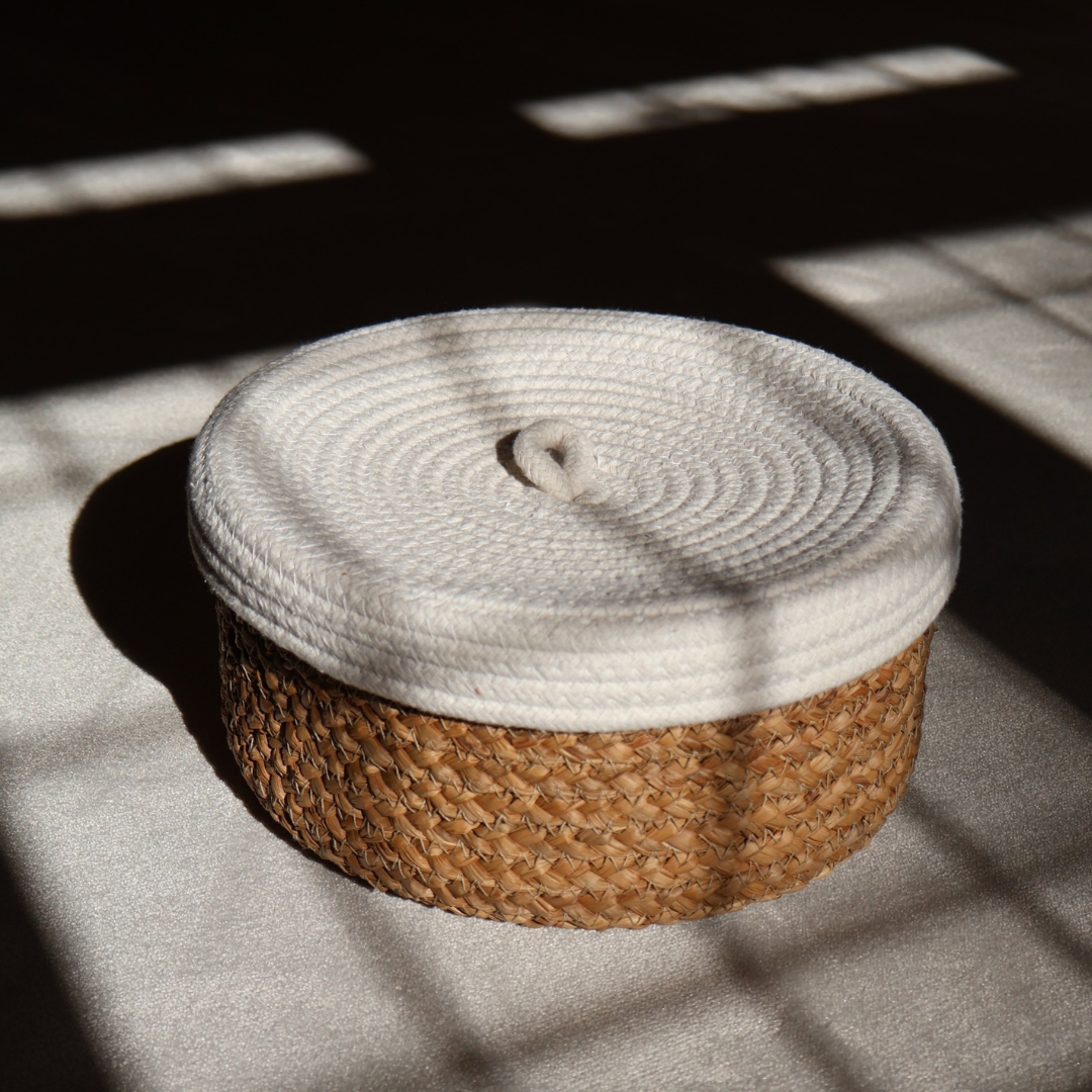 Natural Rattan and White Basket with Lid - Small