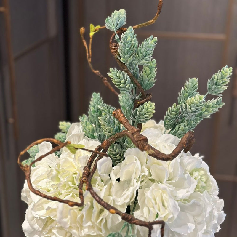 White Hydrangeas in Frosted Glass Vase