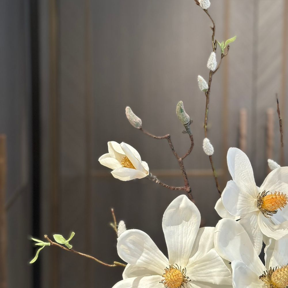 White Magnolias in Taupe Ribbed Vase