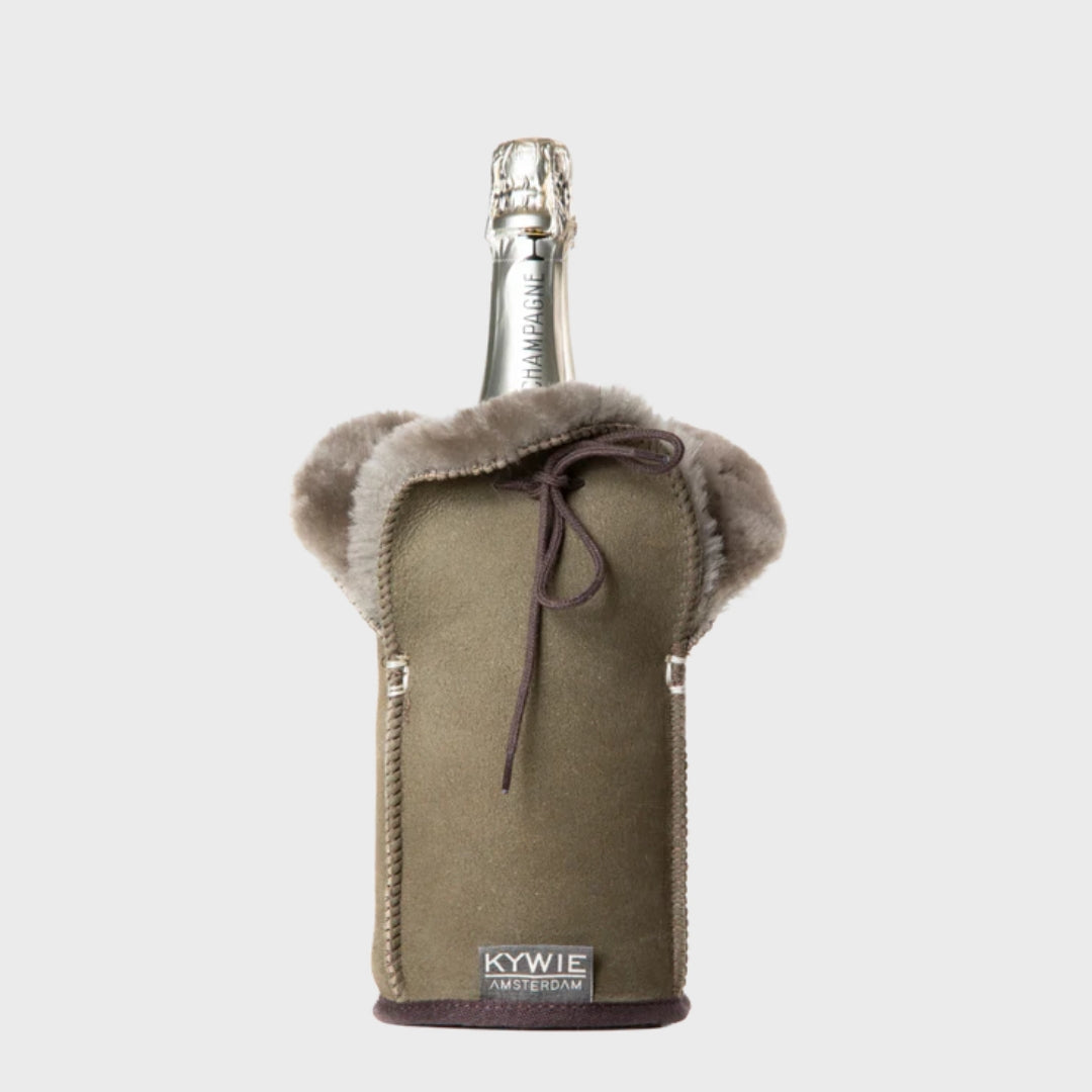 Luxury Sheepskin Champagne Bottle Cooler – Khaki Suede