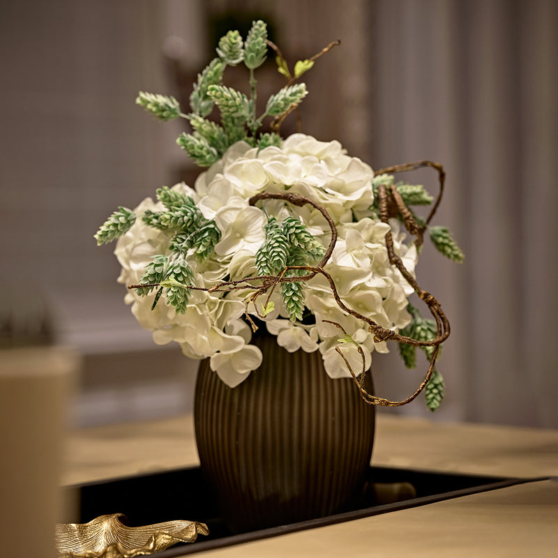 White Hydrangeas & Hops in Dark Vase