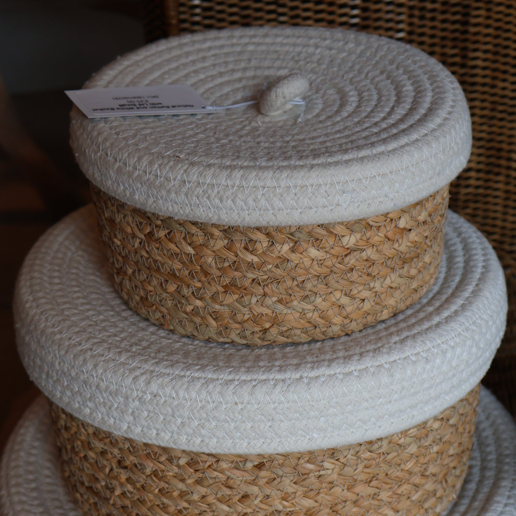Natural Rattan and White Basket with Lid - Small