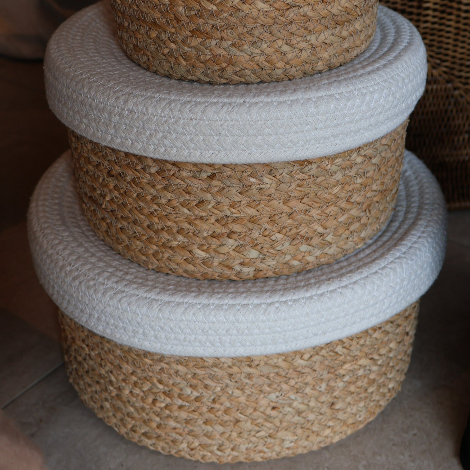 Natural Rattan and White Basket with Lid - Large