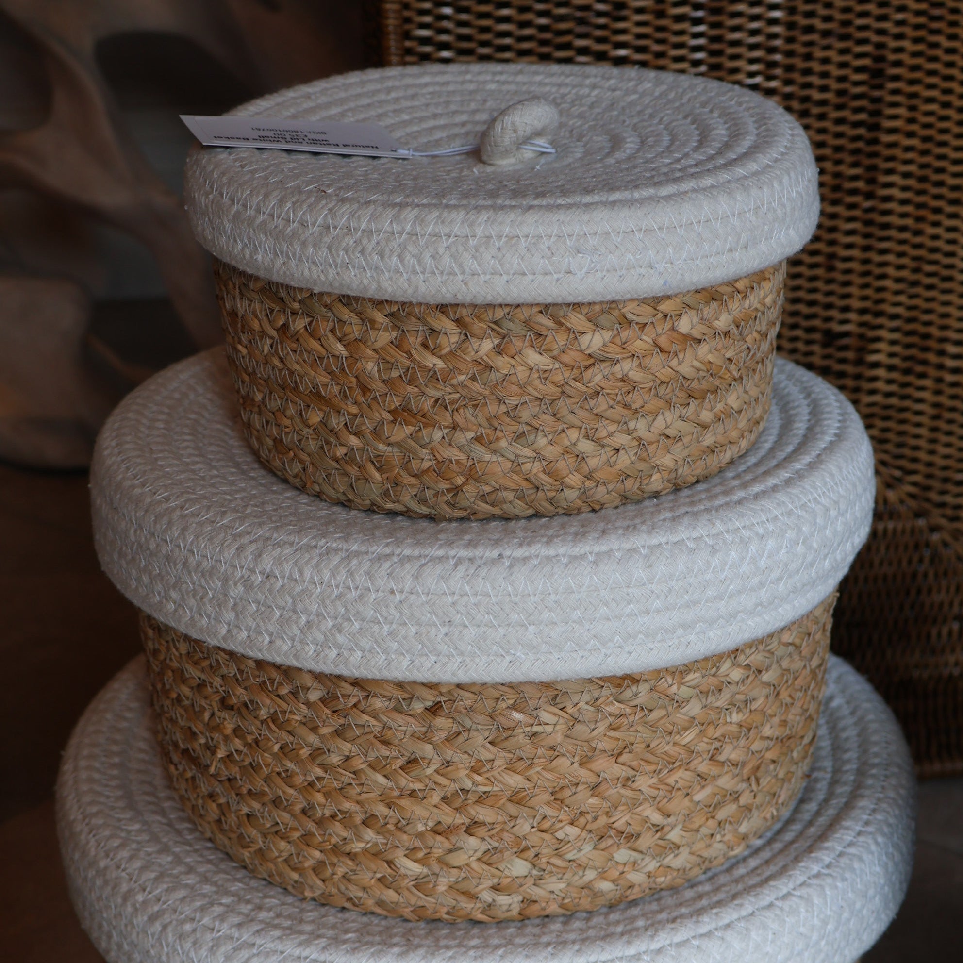 Natural Rattan and White Basket with Lid - Medium