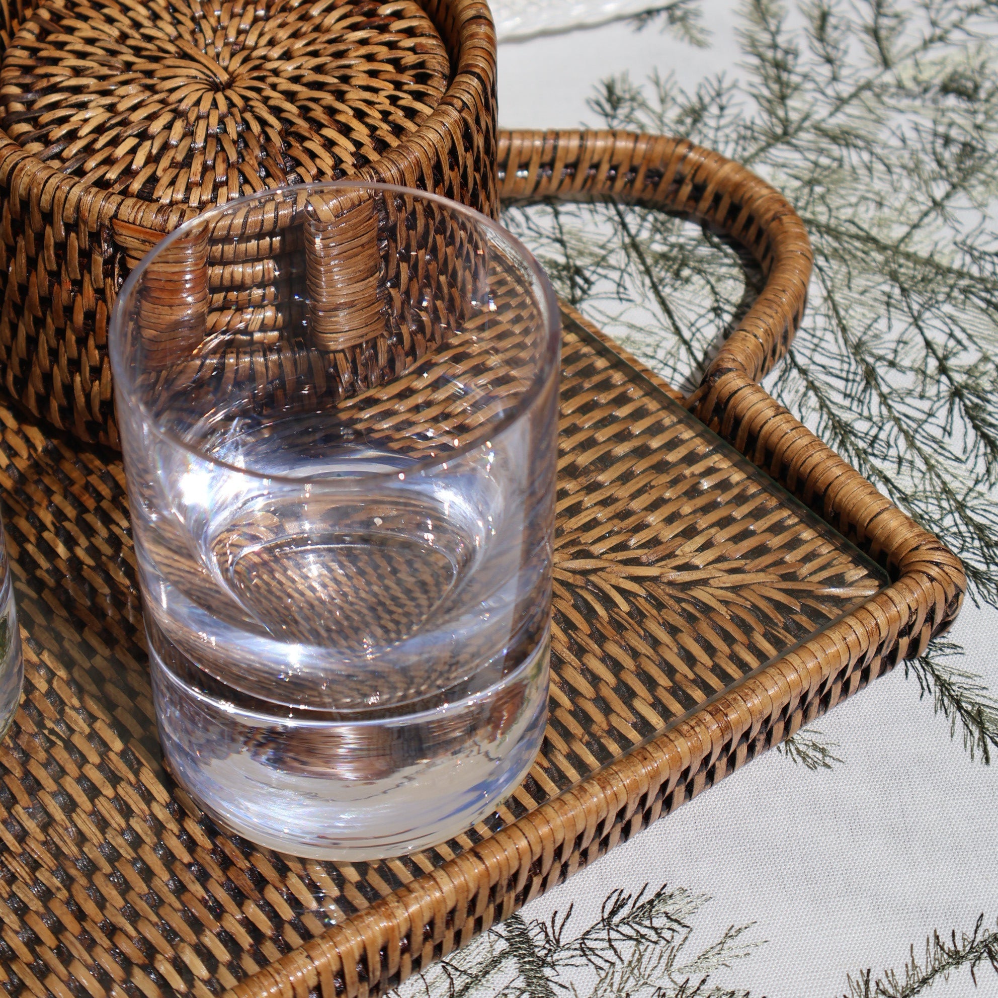 Rectangle Natural Rattan Tray with Glass