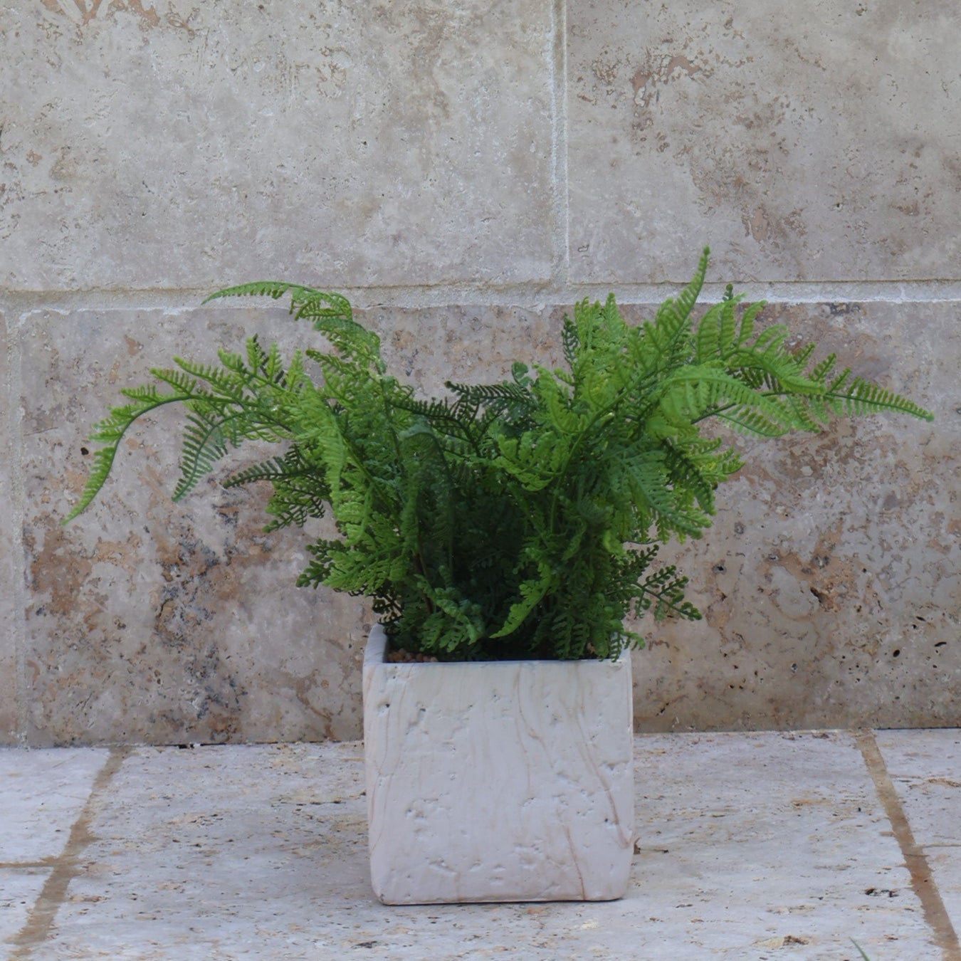 Faux Fern in Travertine Square Vase