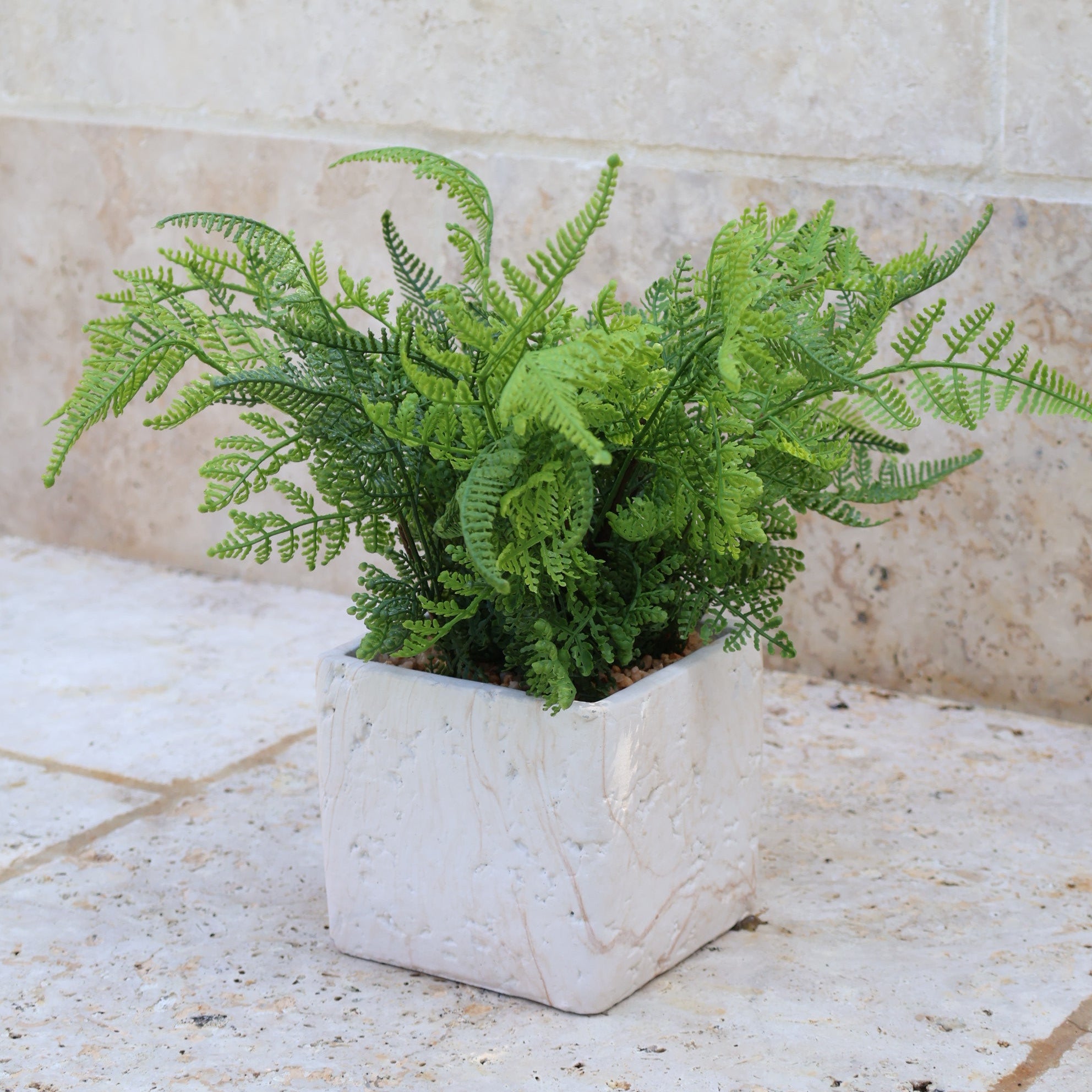Faux Fern in Travertine Square Vase
