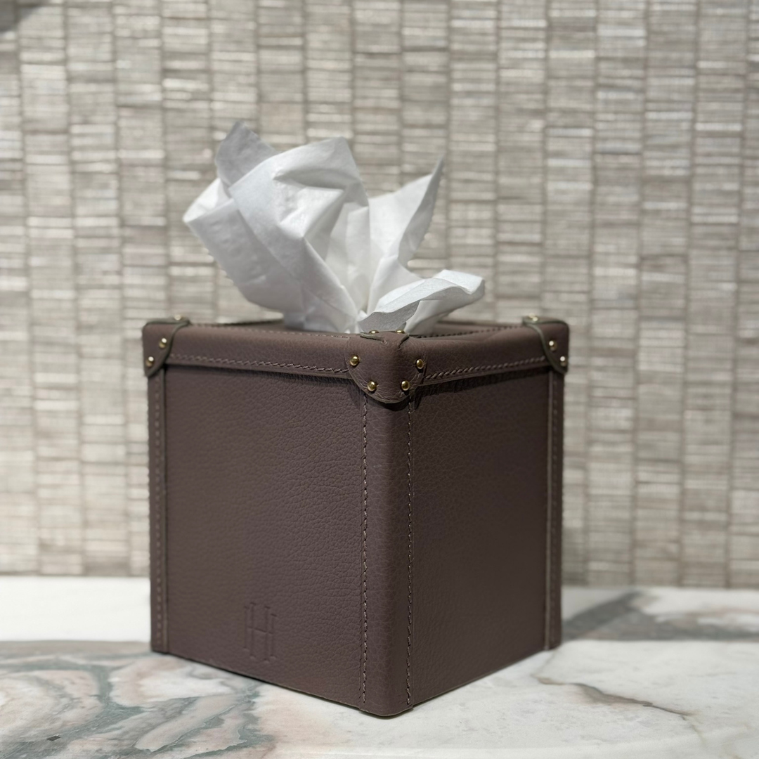 Taupe Leather Tissue Box