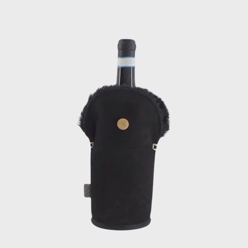 Luxury Sheepskin Wine Bottle Cooler – Black Suede