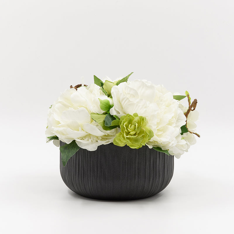 White Hydrangeas in Black Bowl