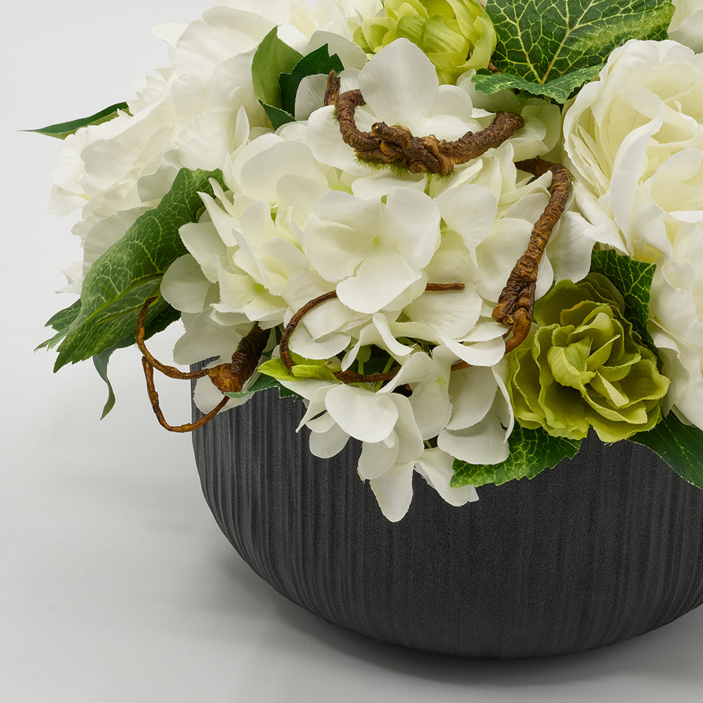 White Hydrangeas in Black Bowl